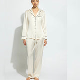 Silk Pyjamas with Contrast Piping - Ivory/Black