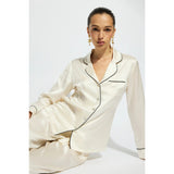 Silk Pyjamas with Contrast Piping - Ivory/Black