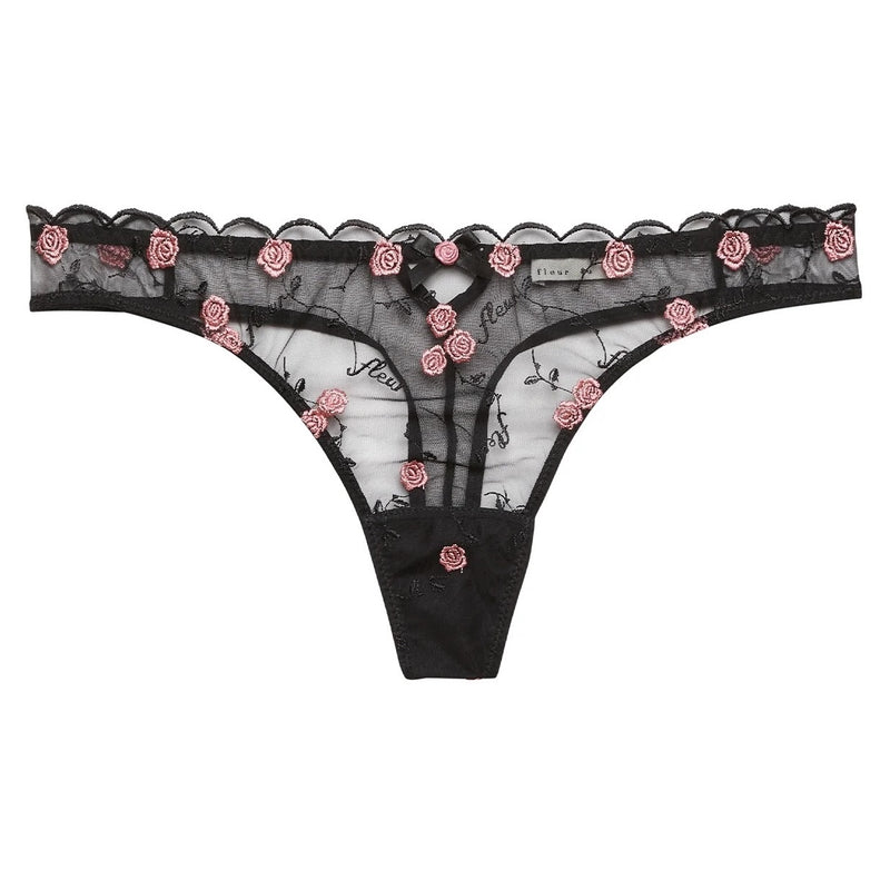 Rose and Vine Embroidered Thong - Black