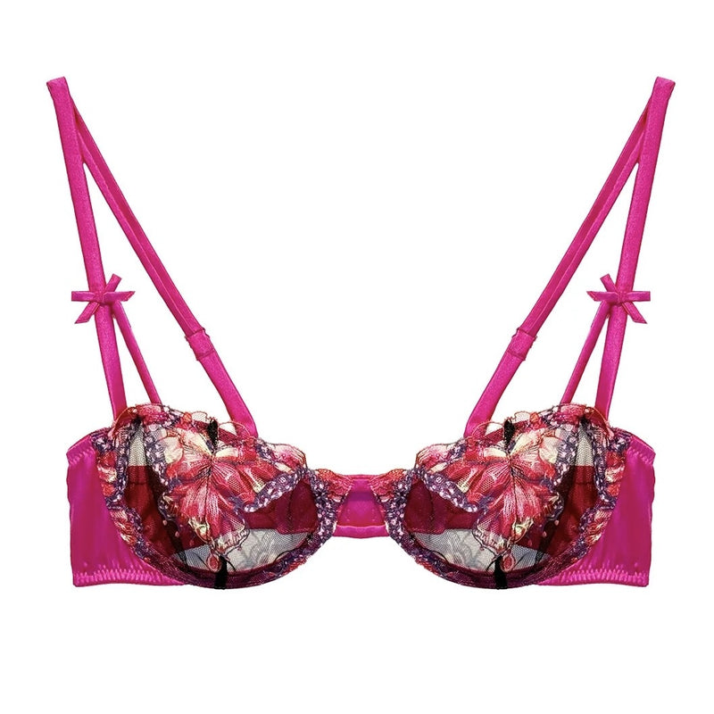 Butterfly Embroidered Balconette Bra - Cerise