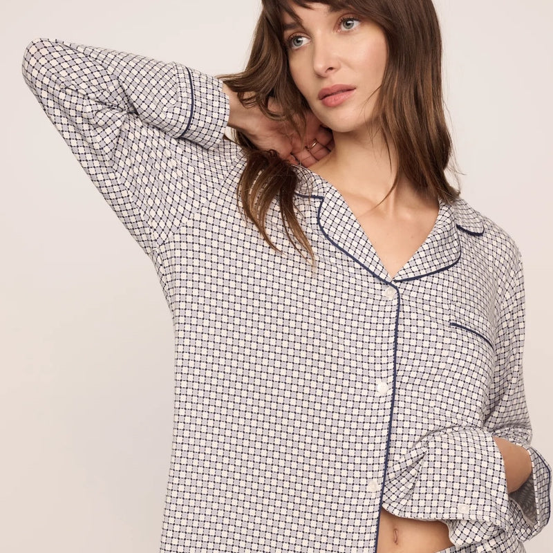 Gisele Printed Long PJ Set - Geosphere Grey/Navy