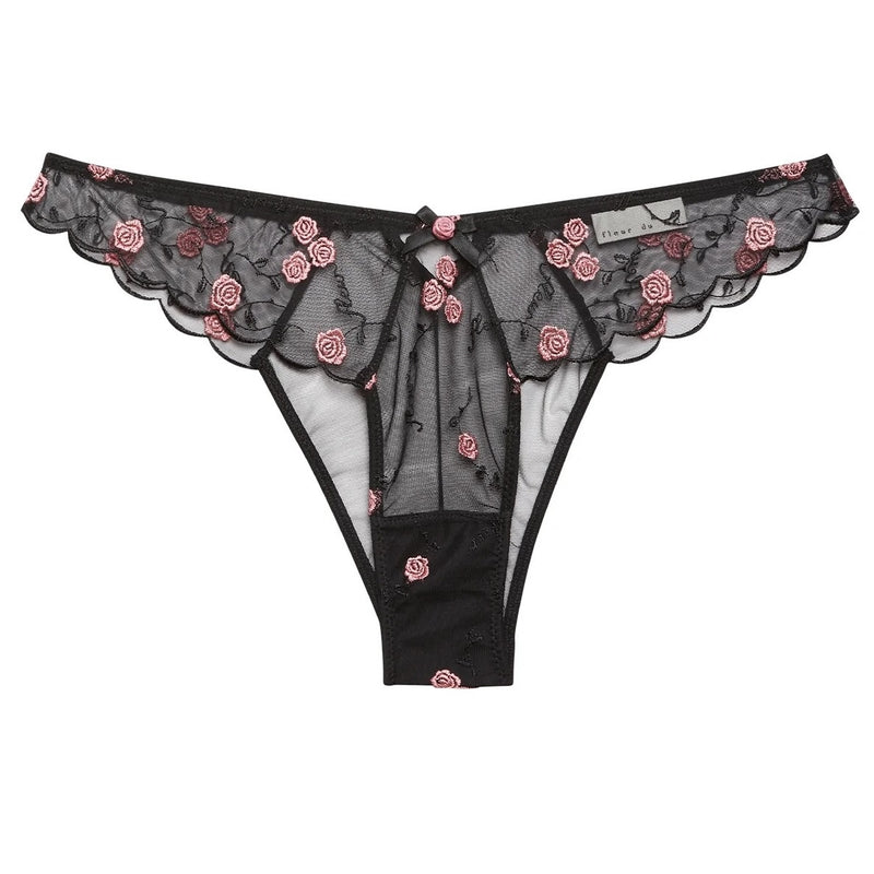 Rose and Vine Embroidered Cheeky Brief - Black