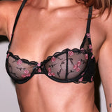 Rose and Vine Embroidered Balcony Bra - Black