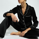 Silk Pyjamas with Contrast Piping - Black/Ivory