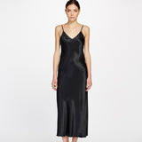 Silk V Neck Long Nite - Black