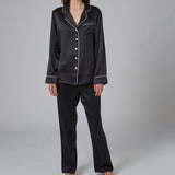 Silk Pyjamas with Contrast Piping - Black/Ivory