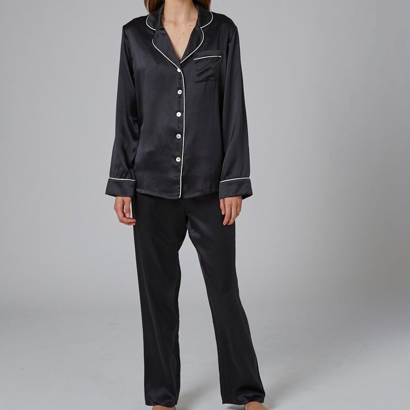 Silk Pyjamas with Contrast Piping - Black/Ivory