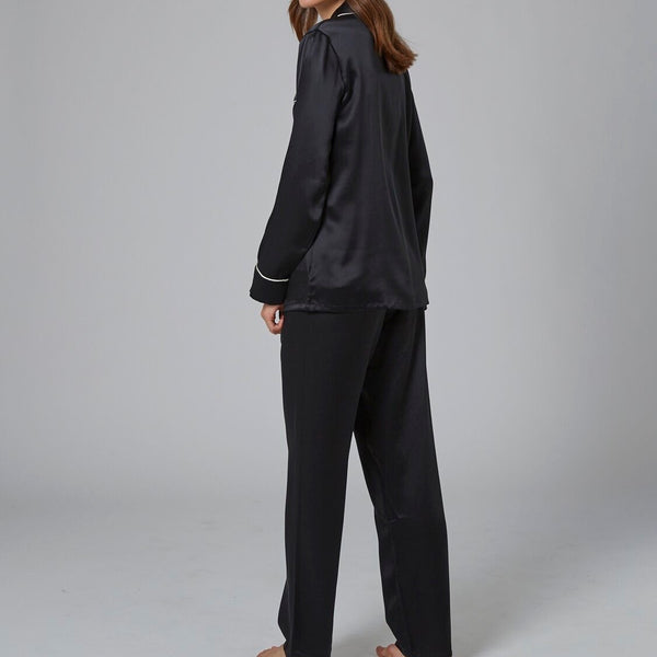 Silk Pyjamas with Contrast Piping - Black/Ivory