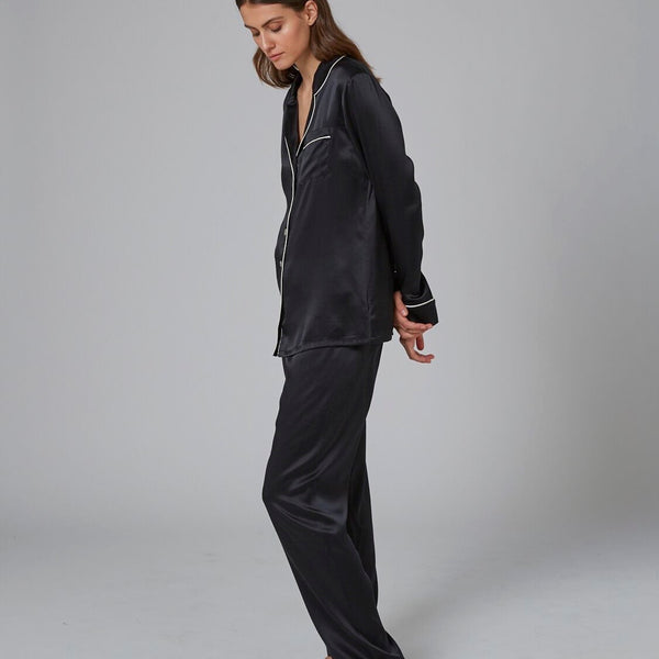 Silk Pyjamas with Contrast Piping - Black/Ivory