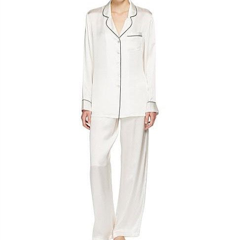 Silk Pyjamas with Contrast Piping - Ivory/Black