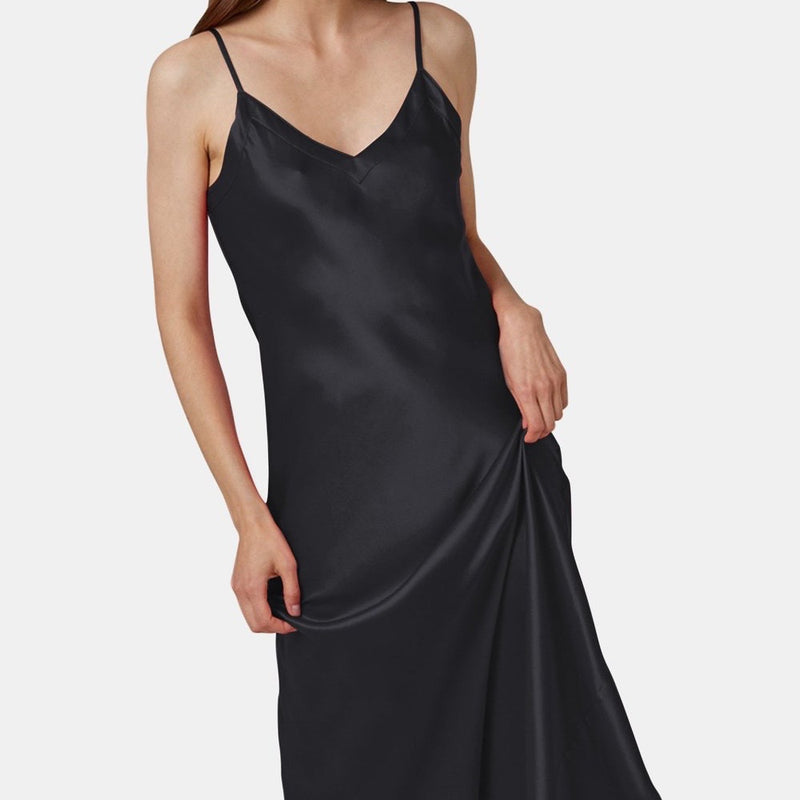 Silk V Neck Long Nite - Black